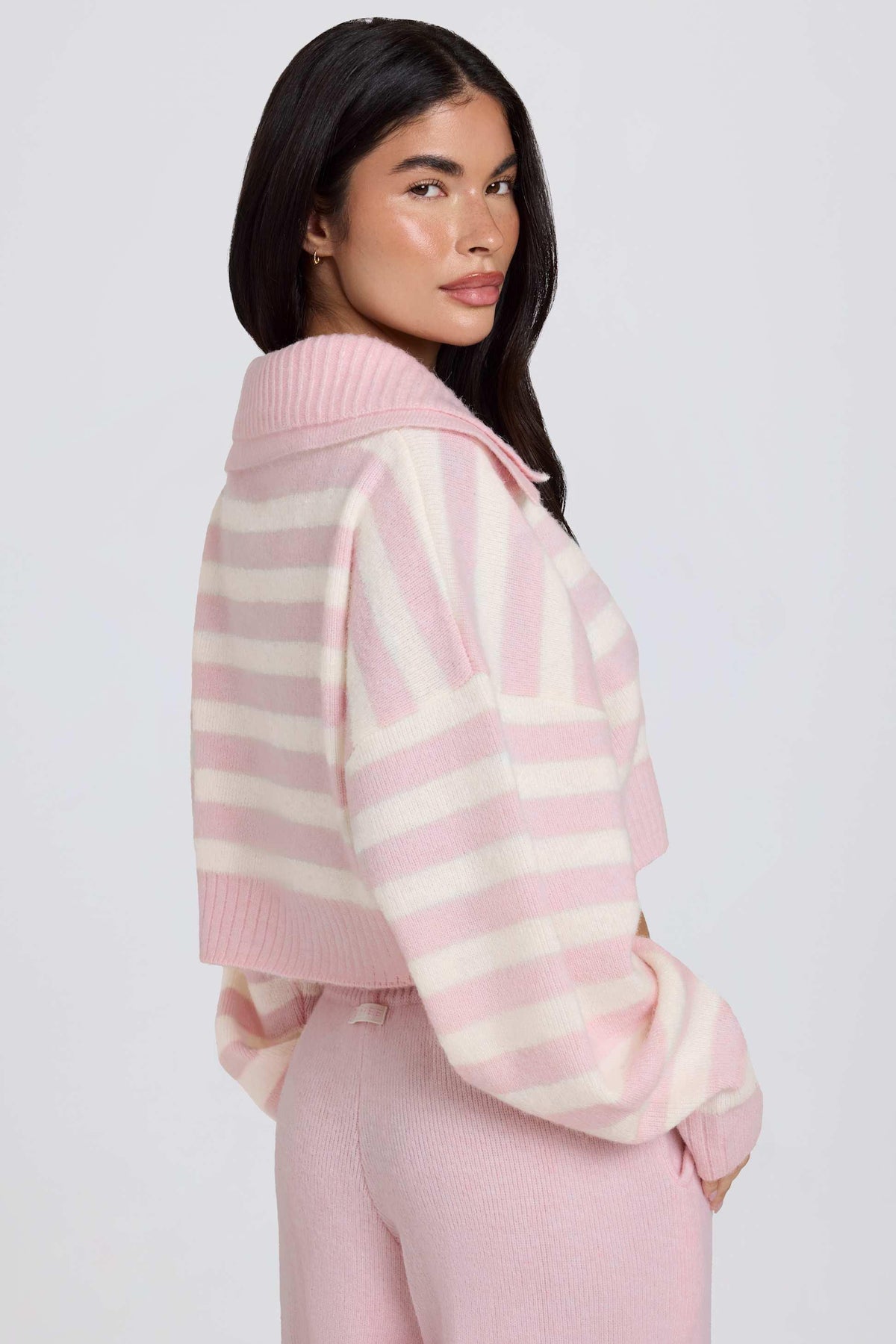 Soft Knit Layered Collar Cropped Jumper In Pink Stripe