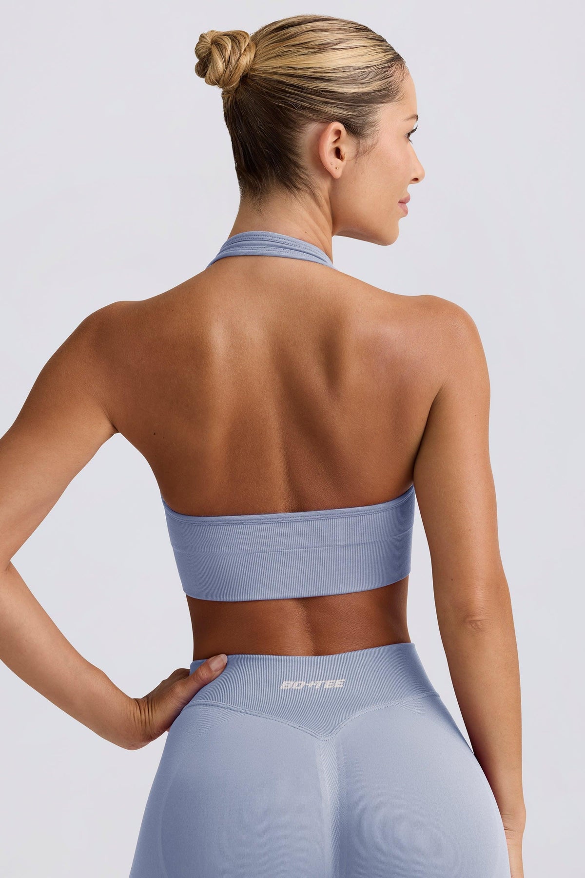 Define Luxe Halterneck Sports Bra In Blue Grey