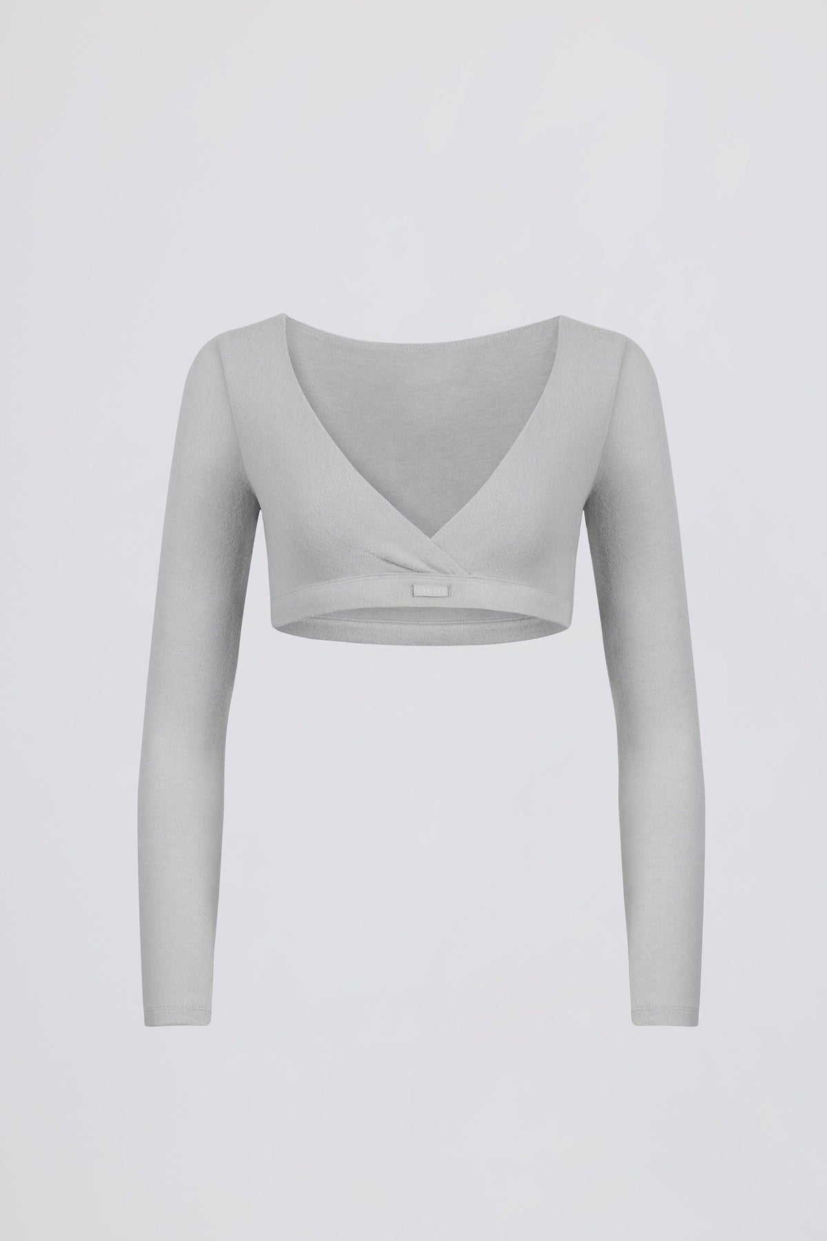 เสื้อครอปคอวีเจอร์ซีย์ขัดเงา สีเทาหมอก
