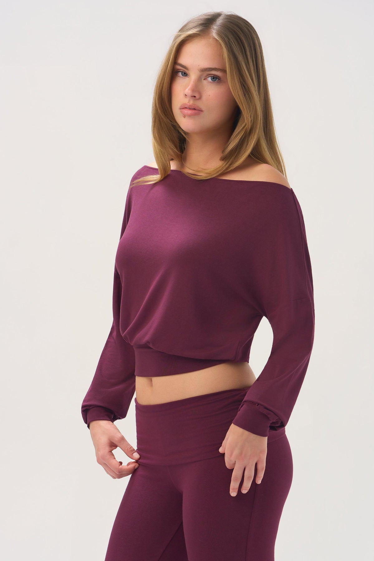 Buttercloud™ Slouchy Off-shoulder Top In Plum