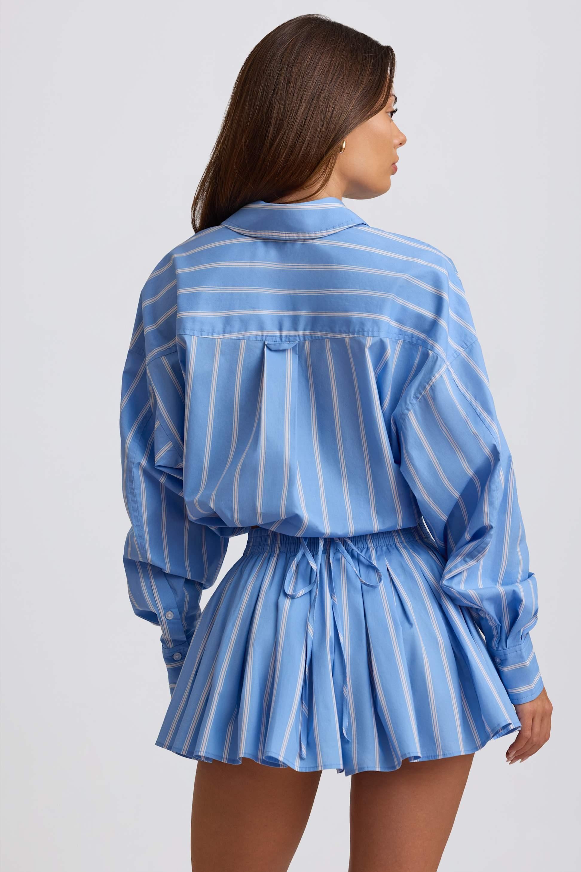 เสื้อเชิ้ตคอตตอนลายป๊อปลิน ลายหลายทาง ลายสีน้ำเงิน