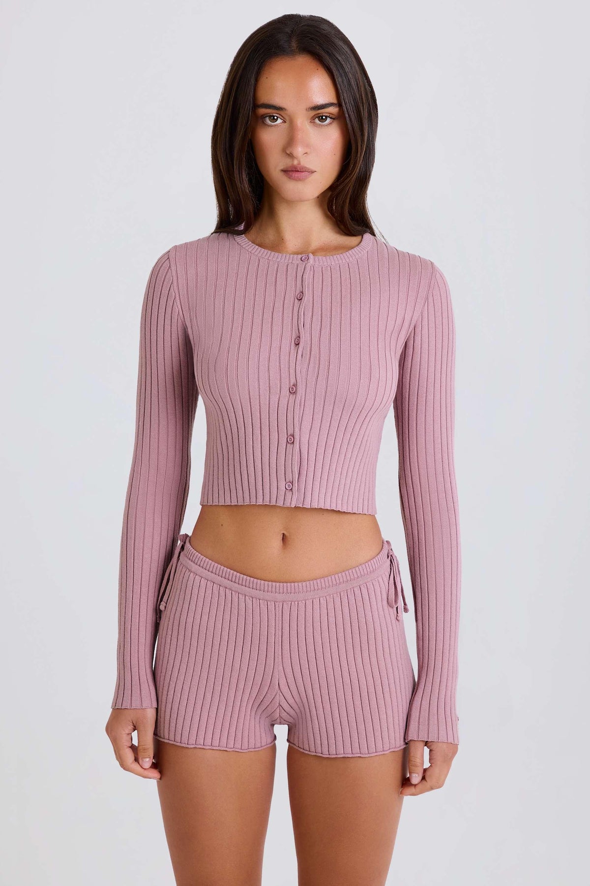 Ribbed Knit Tie Mini Shorts In Mauve