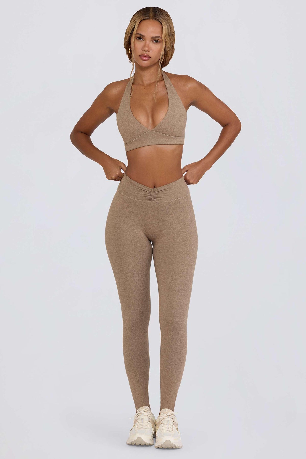 Brushed Jersey Ruched Mid-rise Leggings In Mocha Marl