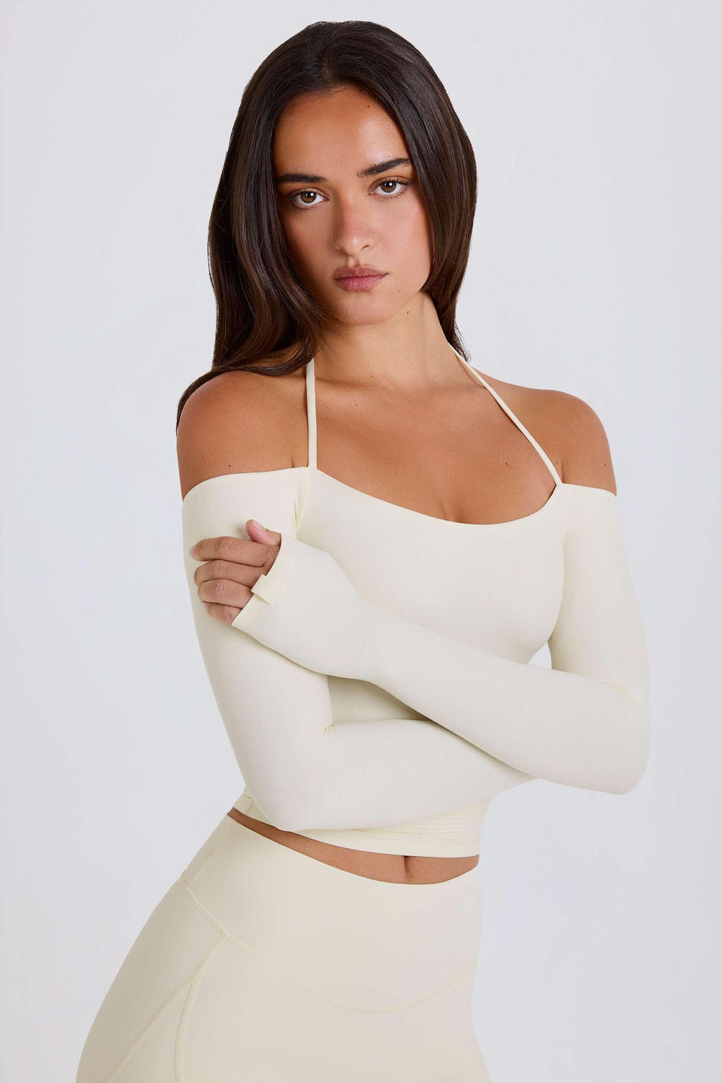 Soft Jersey Off-shoulder Halterneck Longline Top In Cream