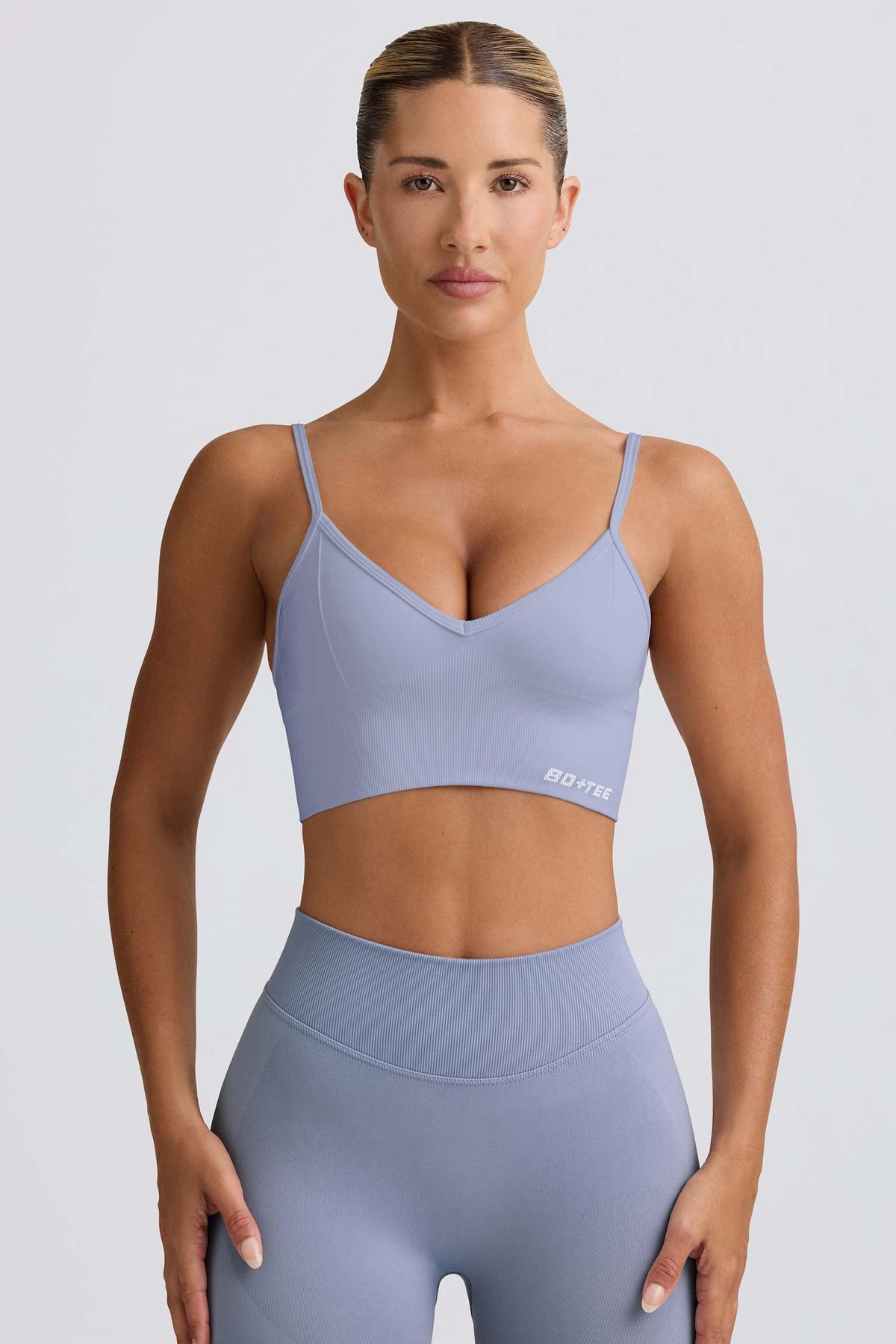 Define Luxe V-neck Sports Bra In Blue Grey