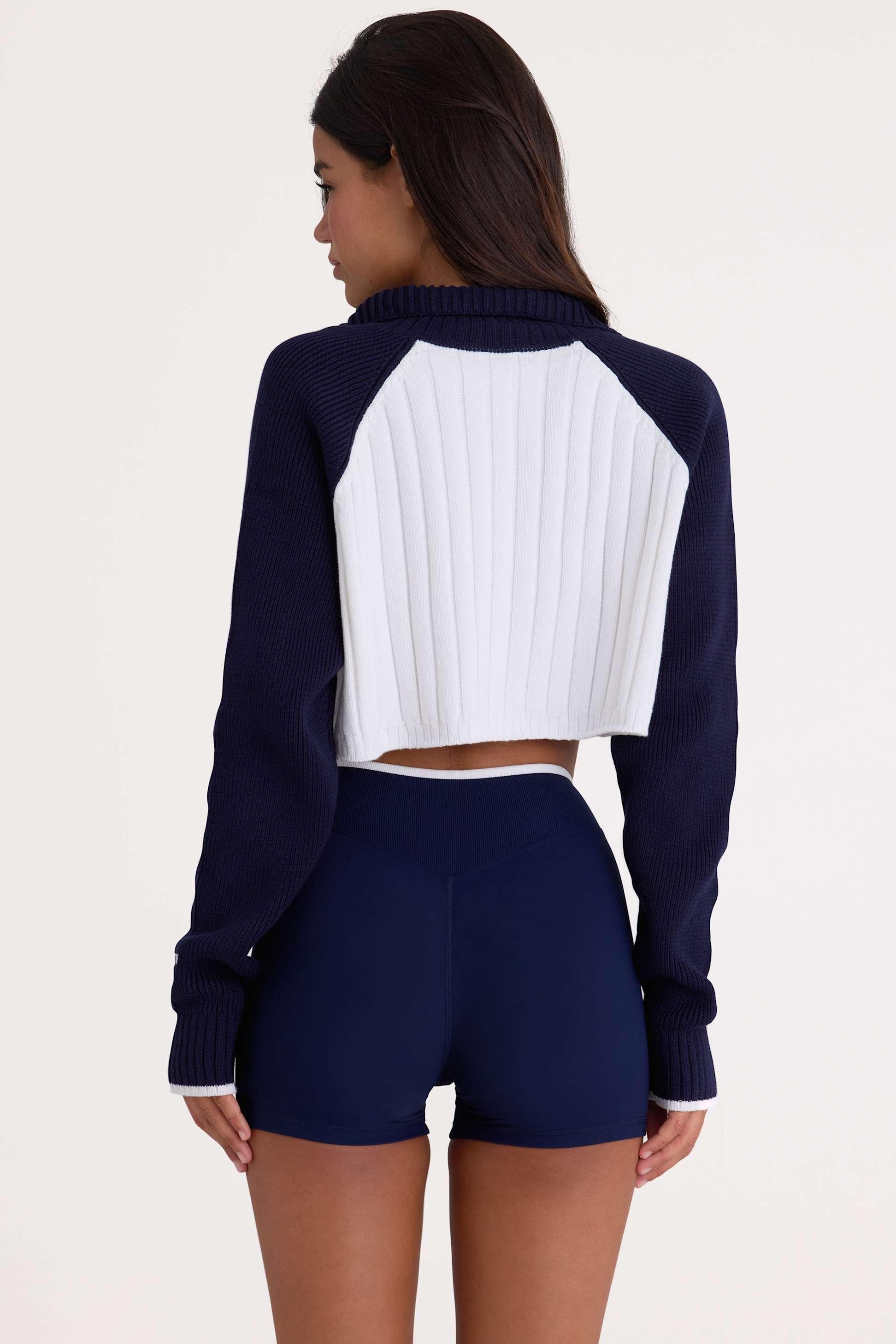 Ribbed Knit Quarter-zip Cropped Jumper In Midnight