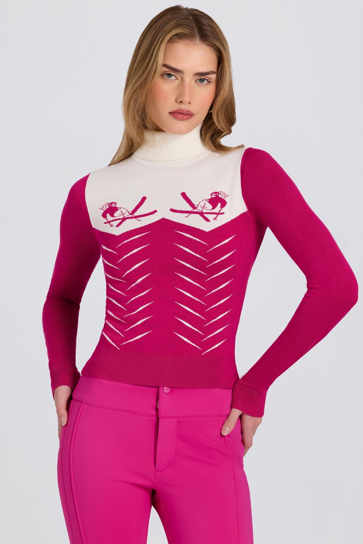 Knit Long-sleeve Fitted Top In Magenta Pink