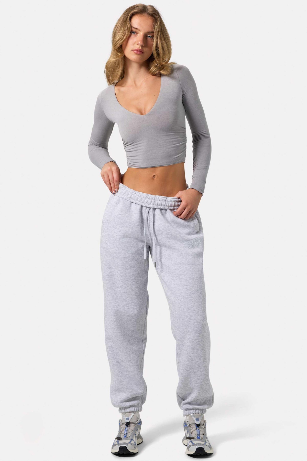 Ruched Long-sleeve Crop Top In Grey