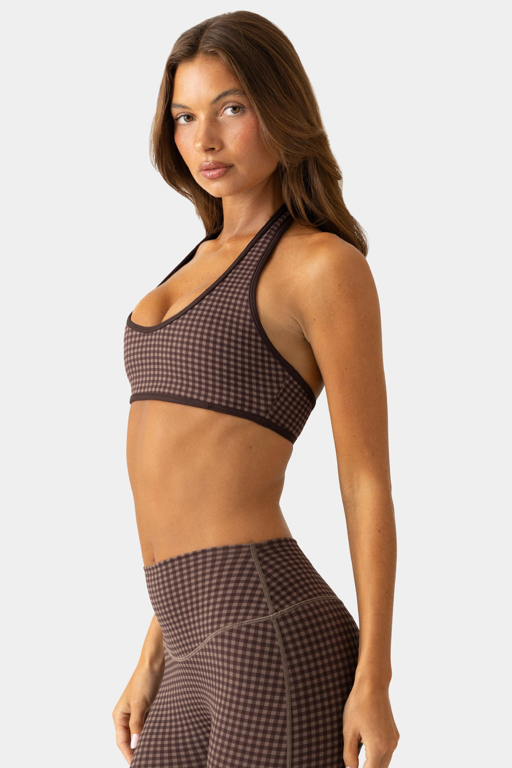 Soft Active Reversible Sports Bra In Espresso Gingham