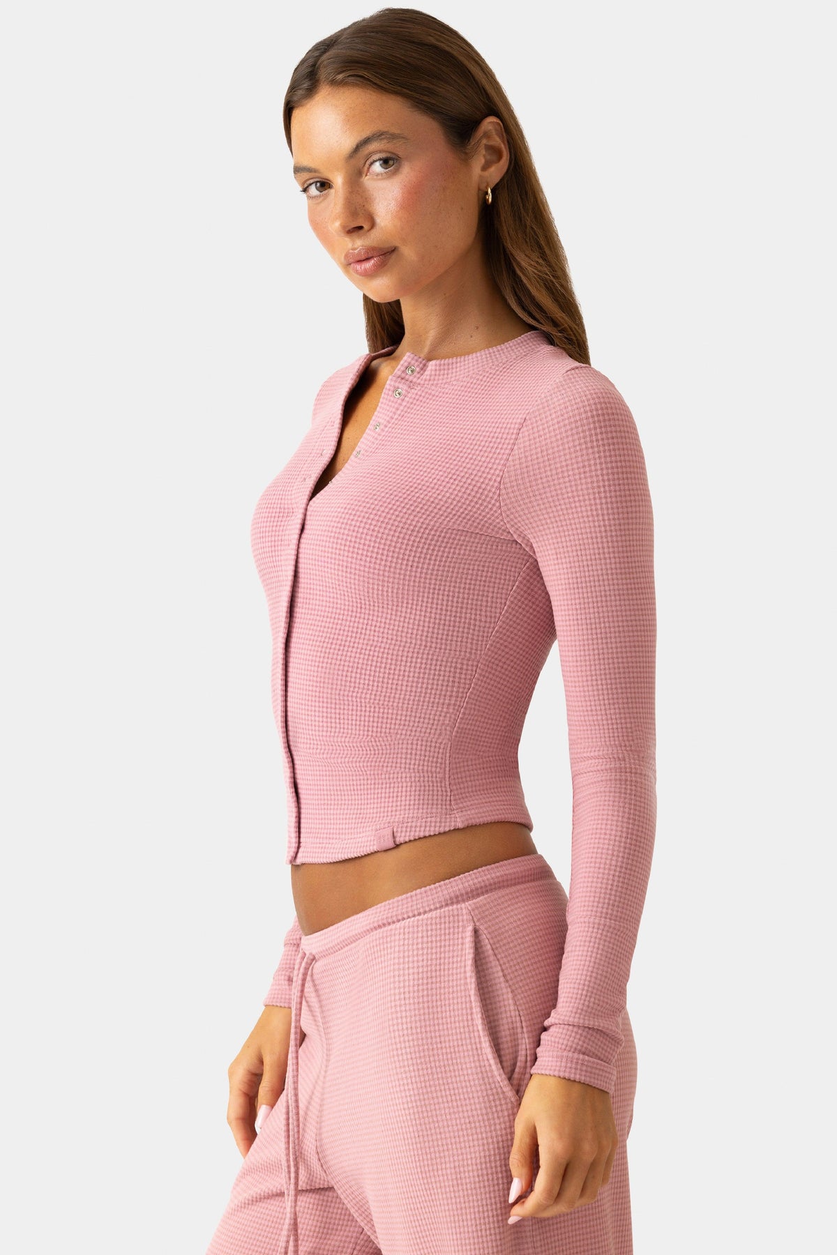 Ribbed Jersey Crewneck Cardigan In Mauve