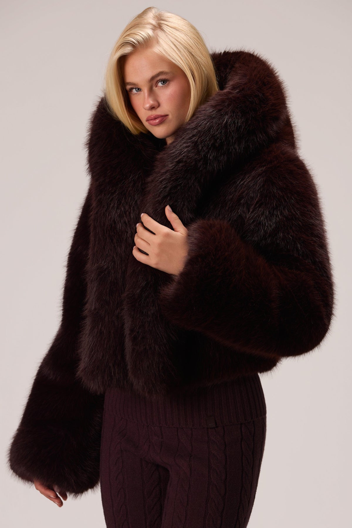 Cropped Hooded Fur Jacket In Hot Cocoa