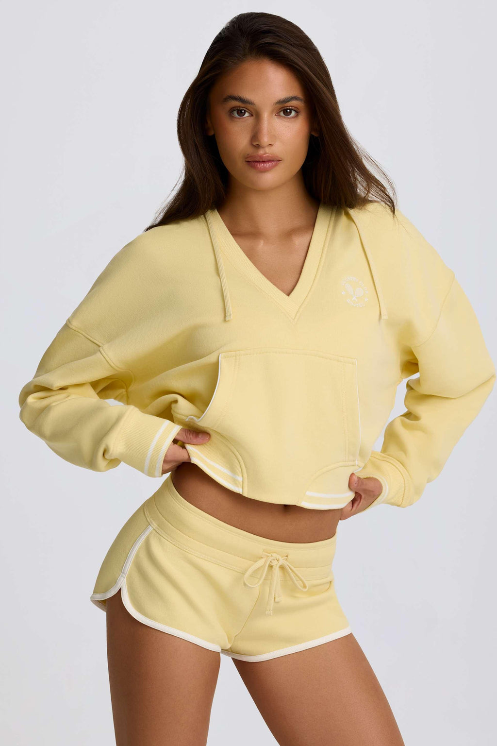 เสื้อฮู้ดคอวีเจอร์ซี่ผ้าฝ้ายสีมะนาว