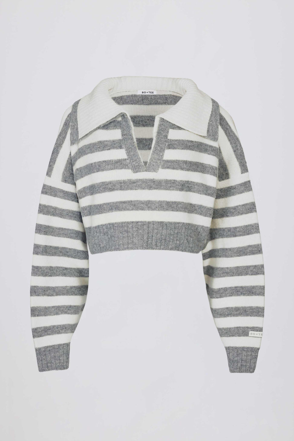 Soft Knit Layered Collar Cropped Jumper In Grey Stripe