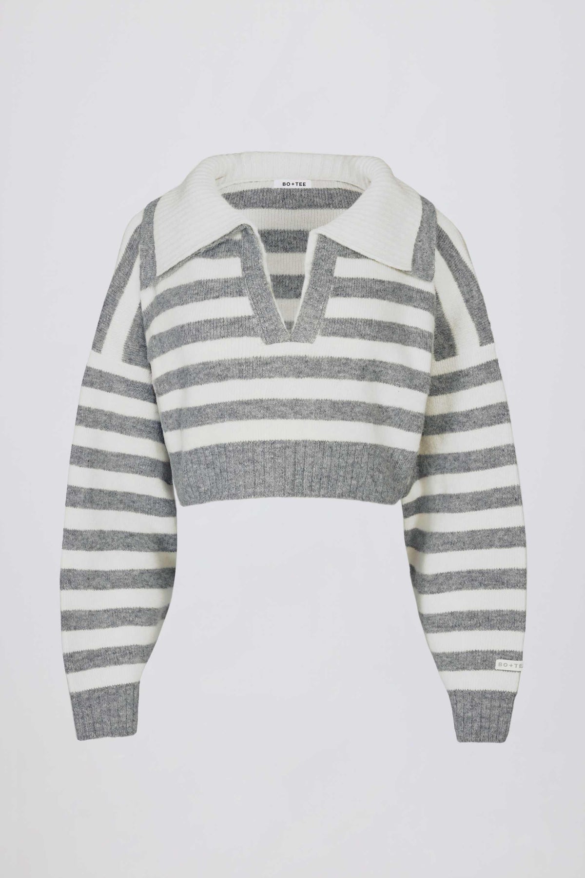 Soft Knit Layered Collar Cropped Jumper In Grey Stripe