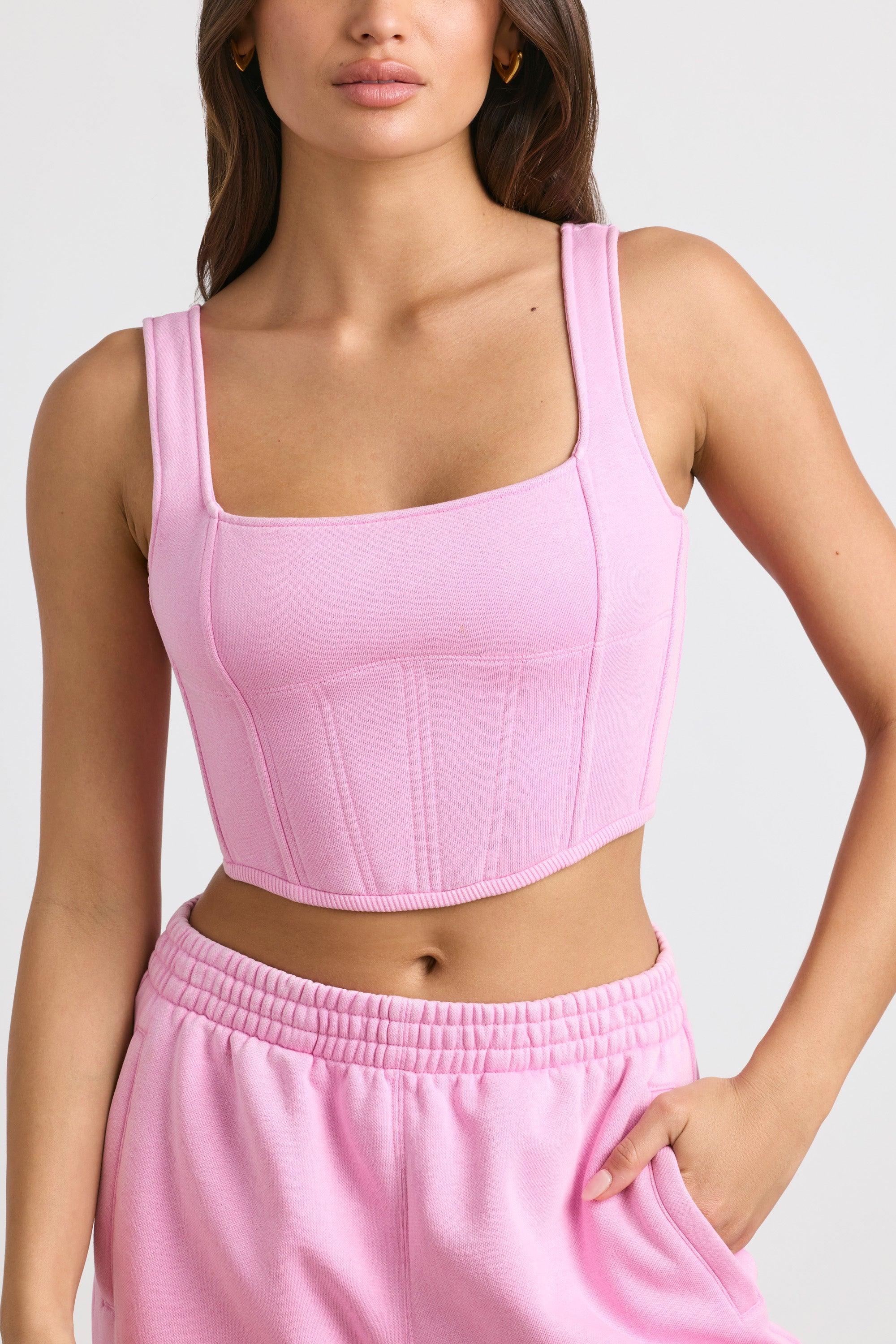 Brushed Jersey Corset Crop Top In Bubblegum Pink