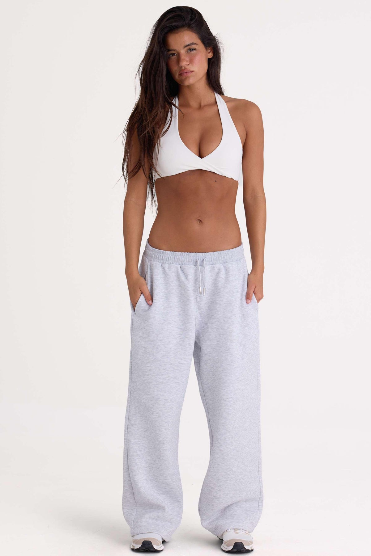 Brushed Jersey Wide-leg Joggers In Grey Marl