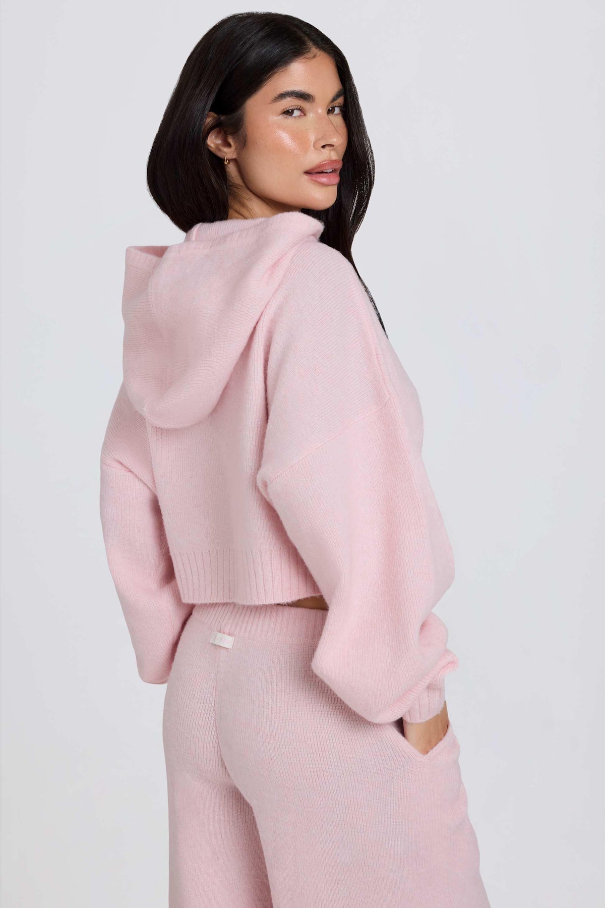 Soft Knit Zip-up Cropped Hoodie In Soft Pink