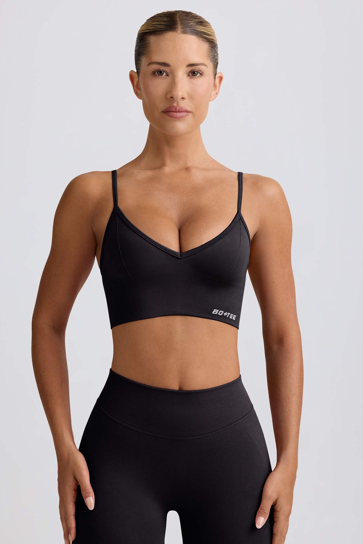 Define Luxe V-neck Sports Bra In Black