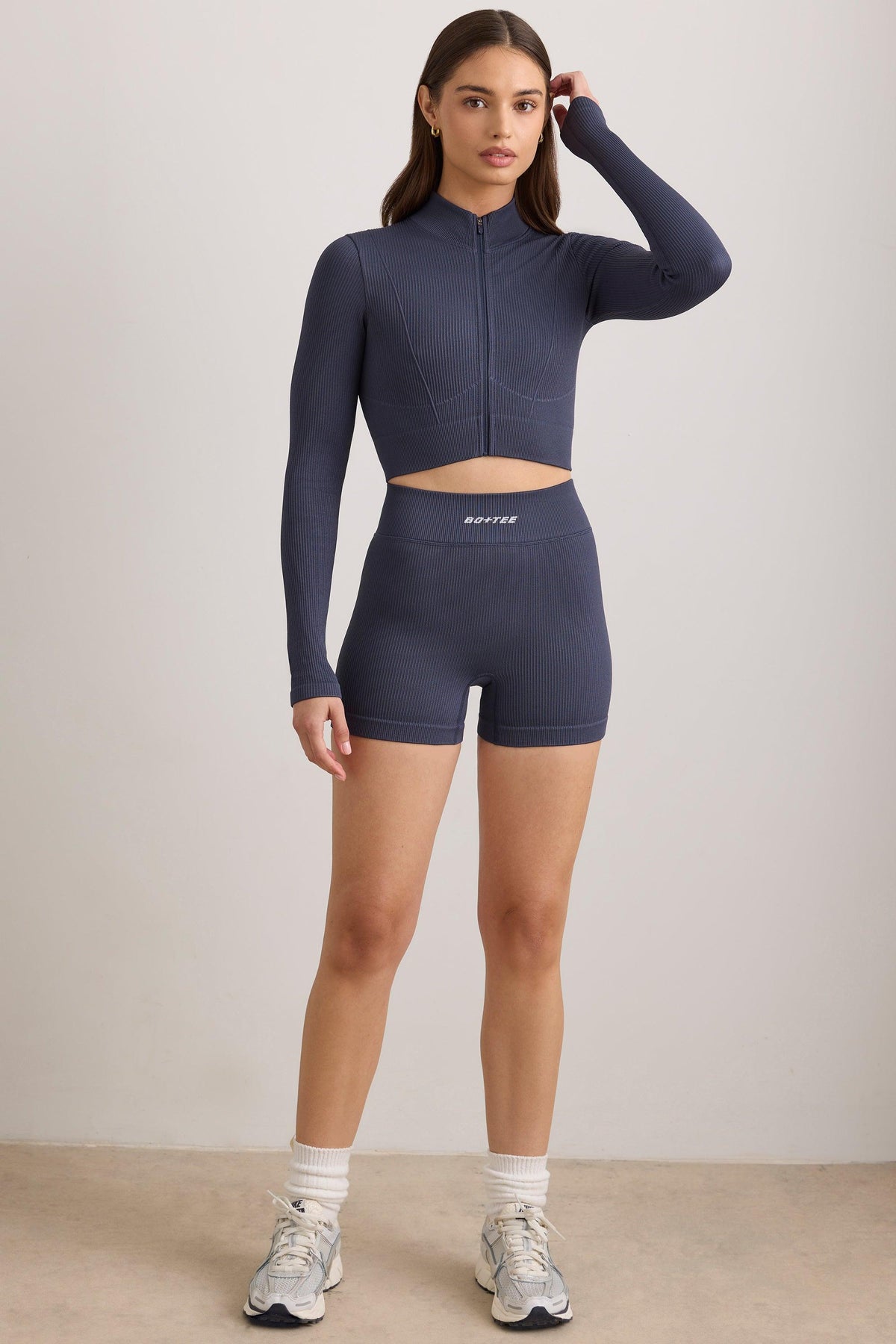 Flexirib Zip-up Cropped Jacket In Indigo Slate