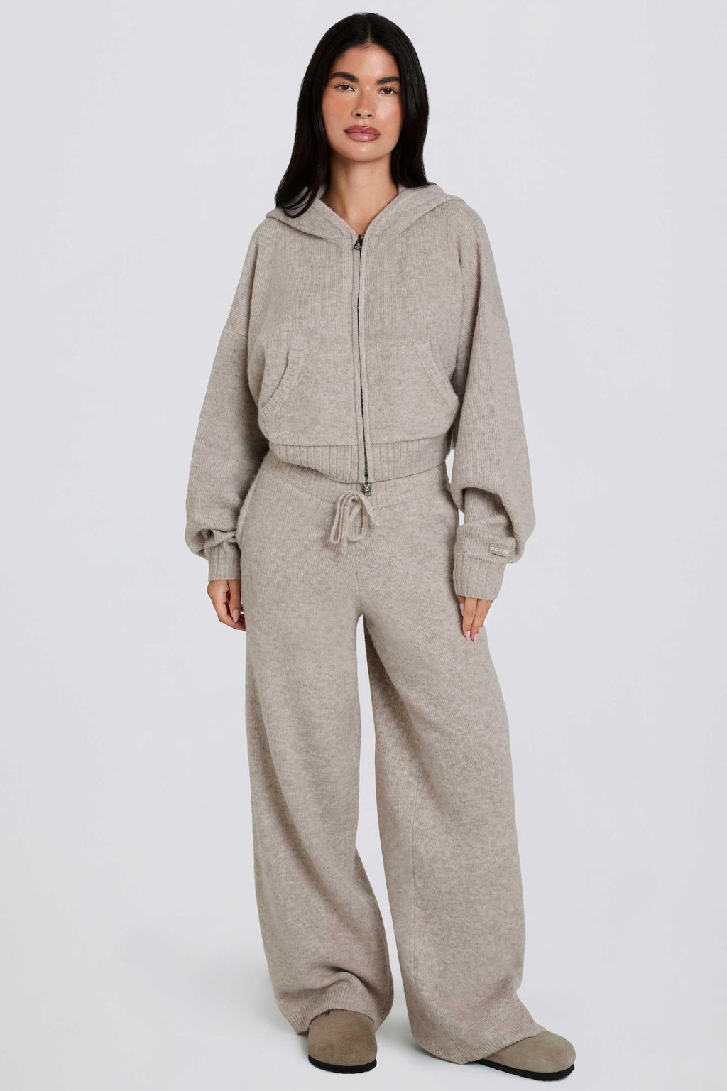 Knit Mid-rise Wide-leg Joggers In Beige