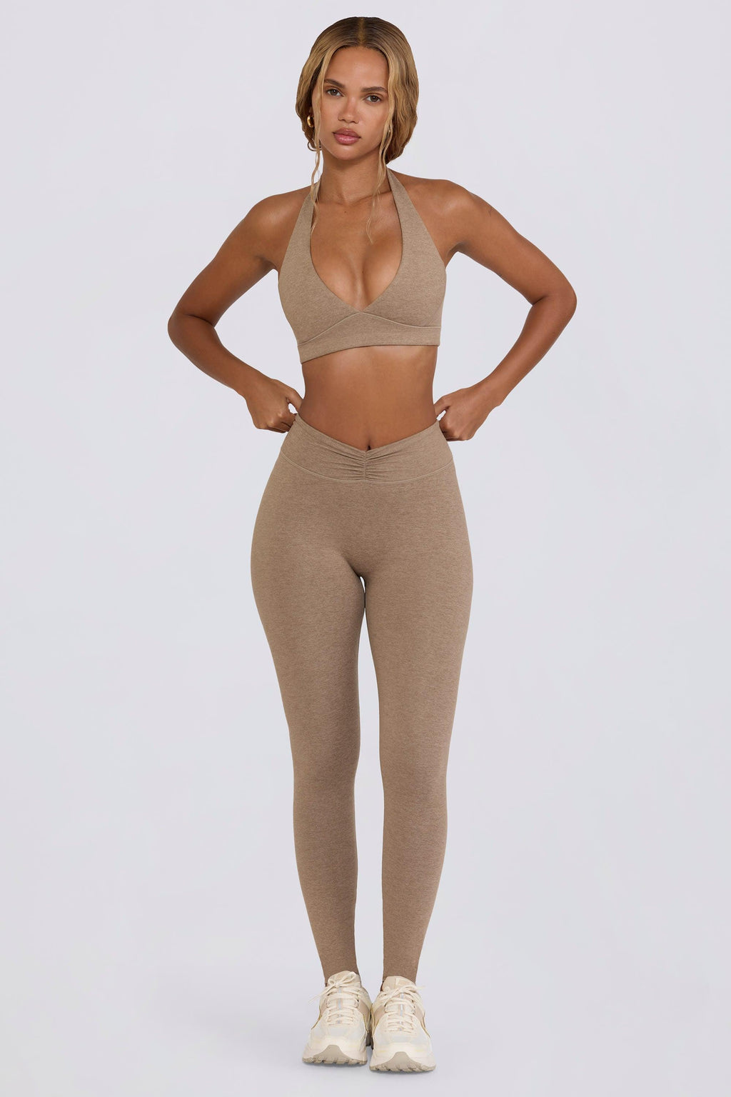 Brushed Jersey Ruched Mid-rise Leggings In Mocha Marl