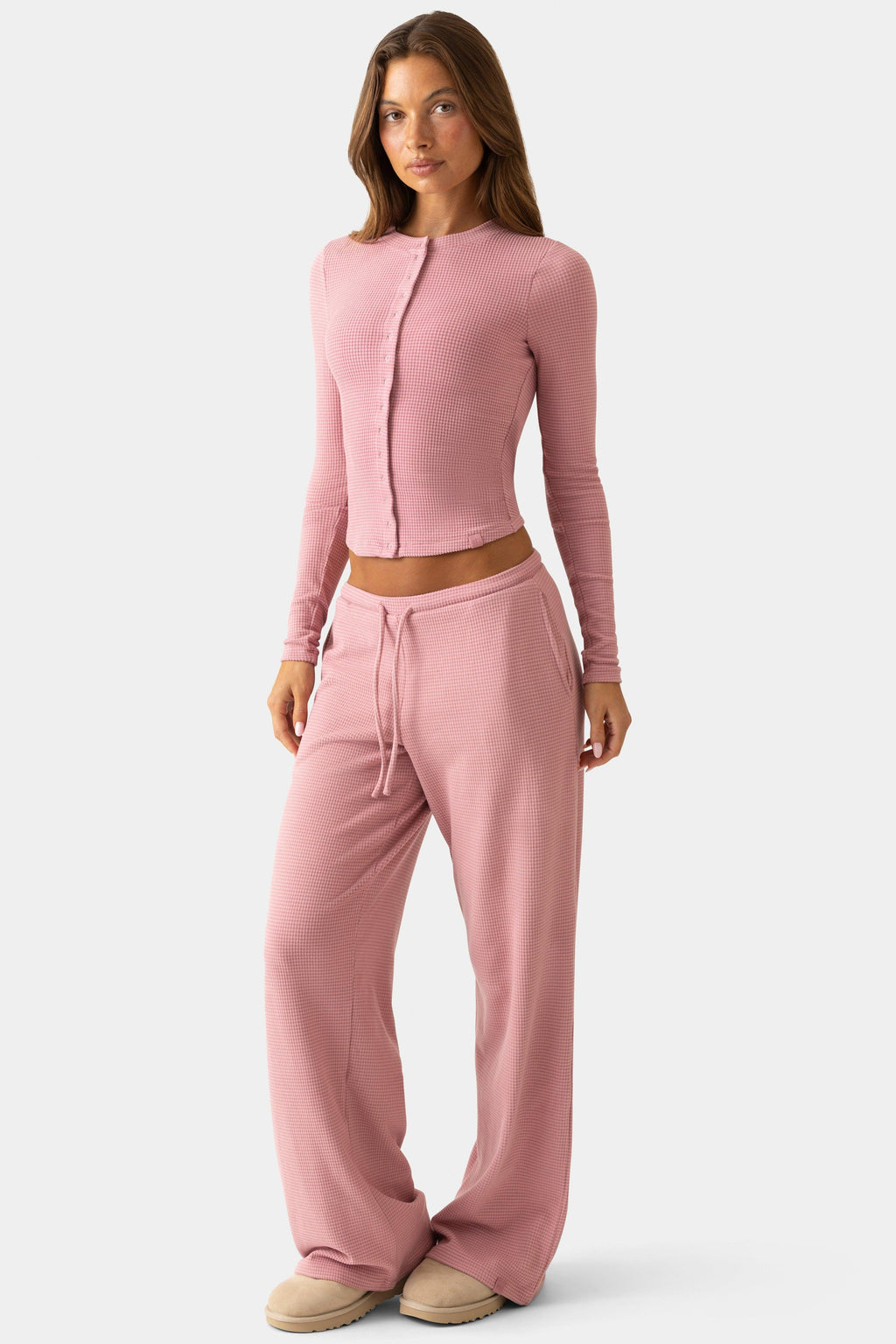 Ribbed Jersey Crewneck Cardigan In Mauve