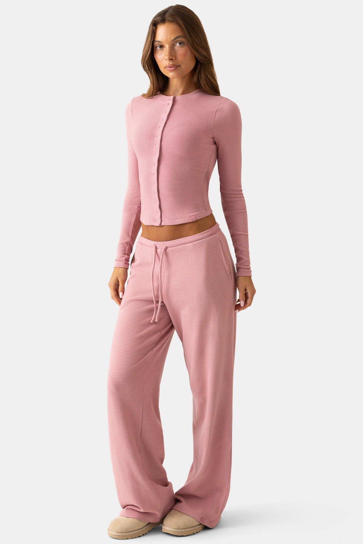 Ribbed Jersey Crewneck Cardigan In Mauve