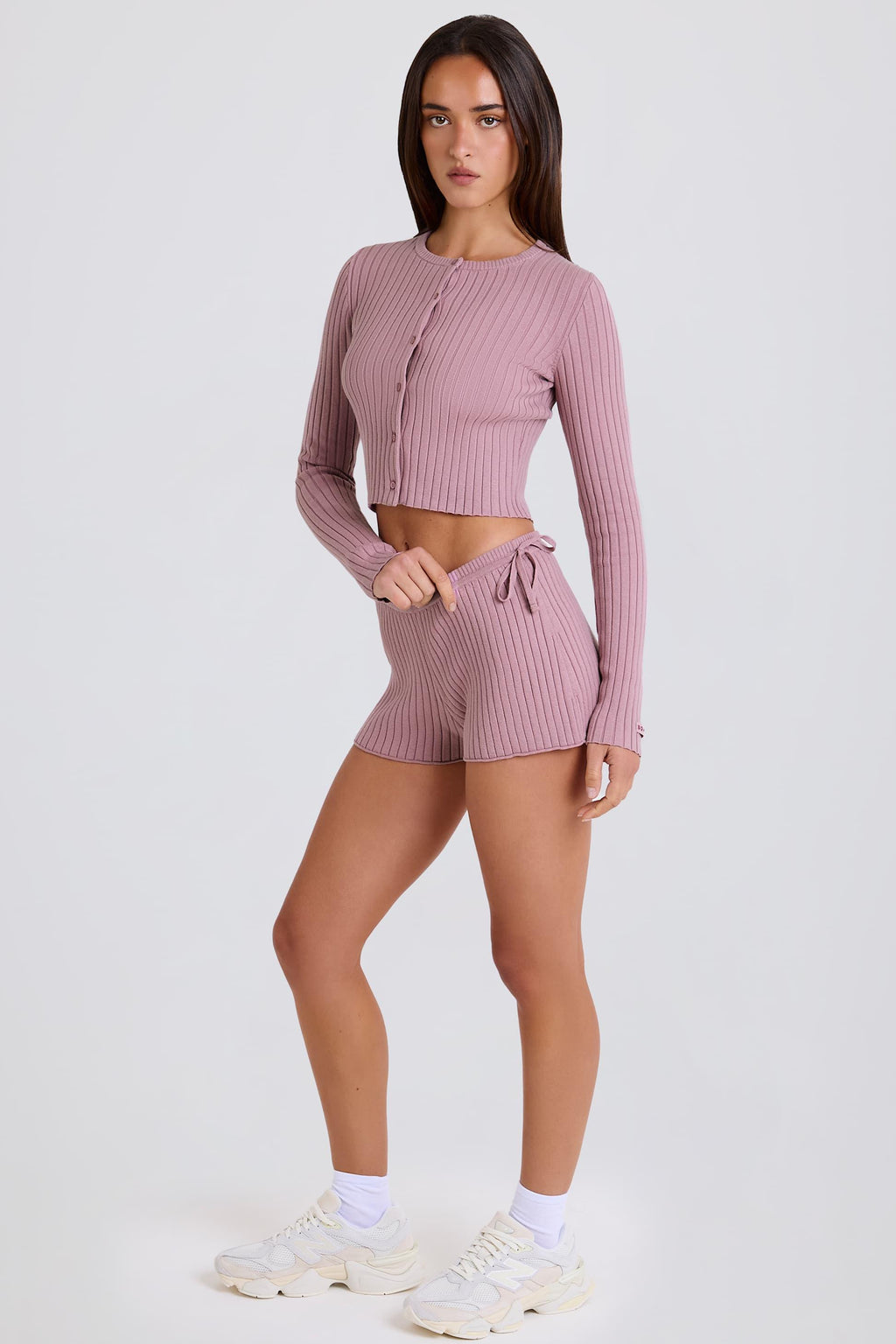 Ribbed Knit Tie Mini Shorts In Mauve