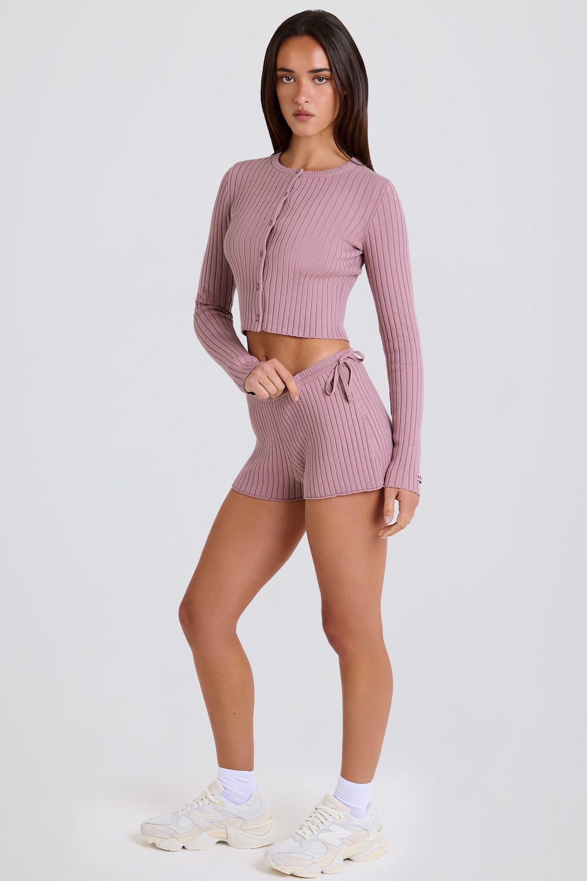 Ribbed Knit Tie Mini Shorts In Mauve