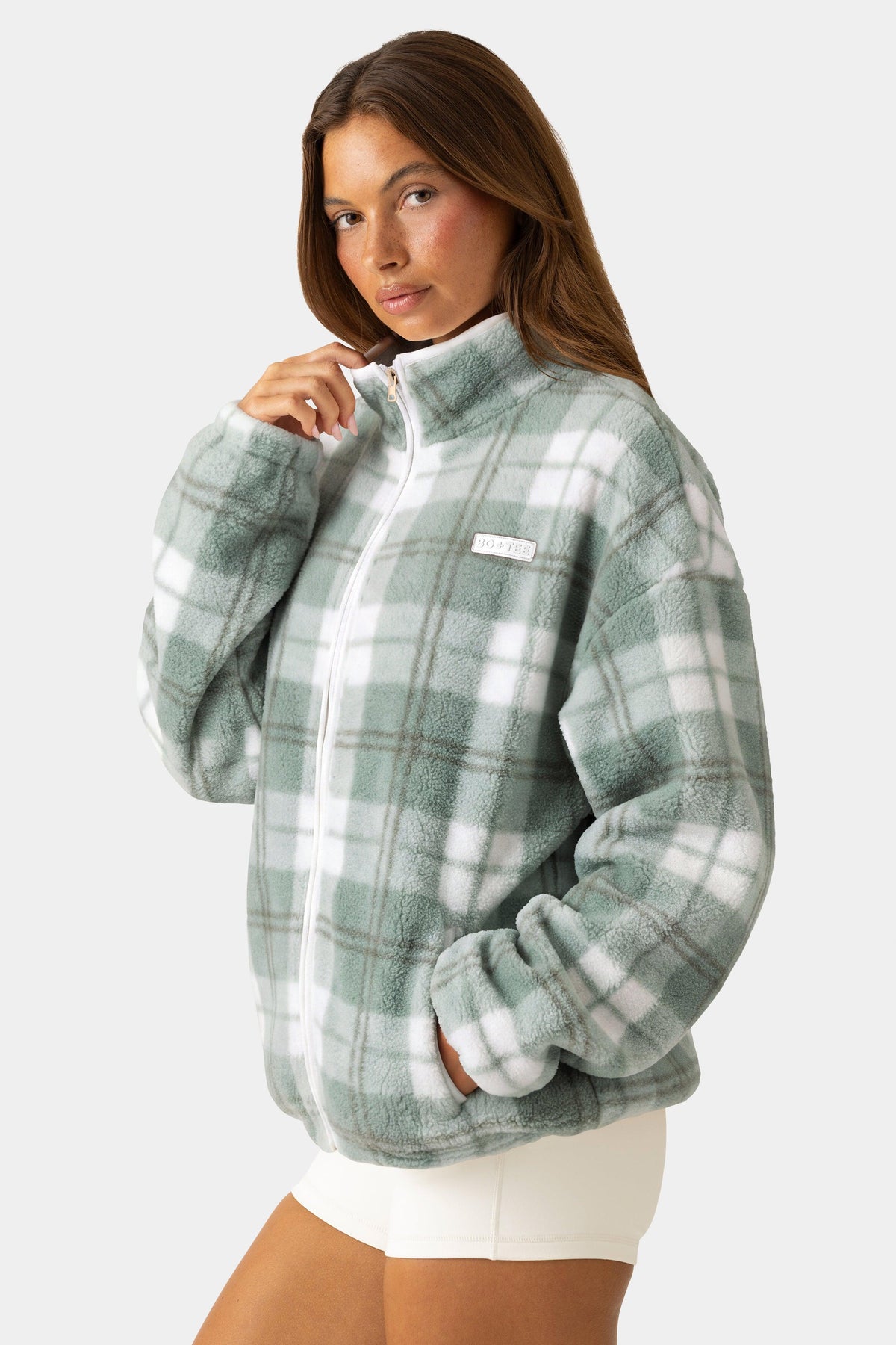 Oversized Zip-up Fleece In Matcha Plaid