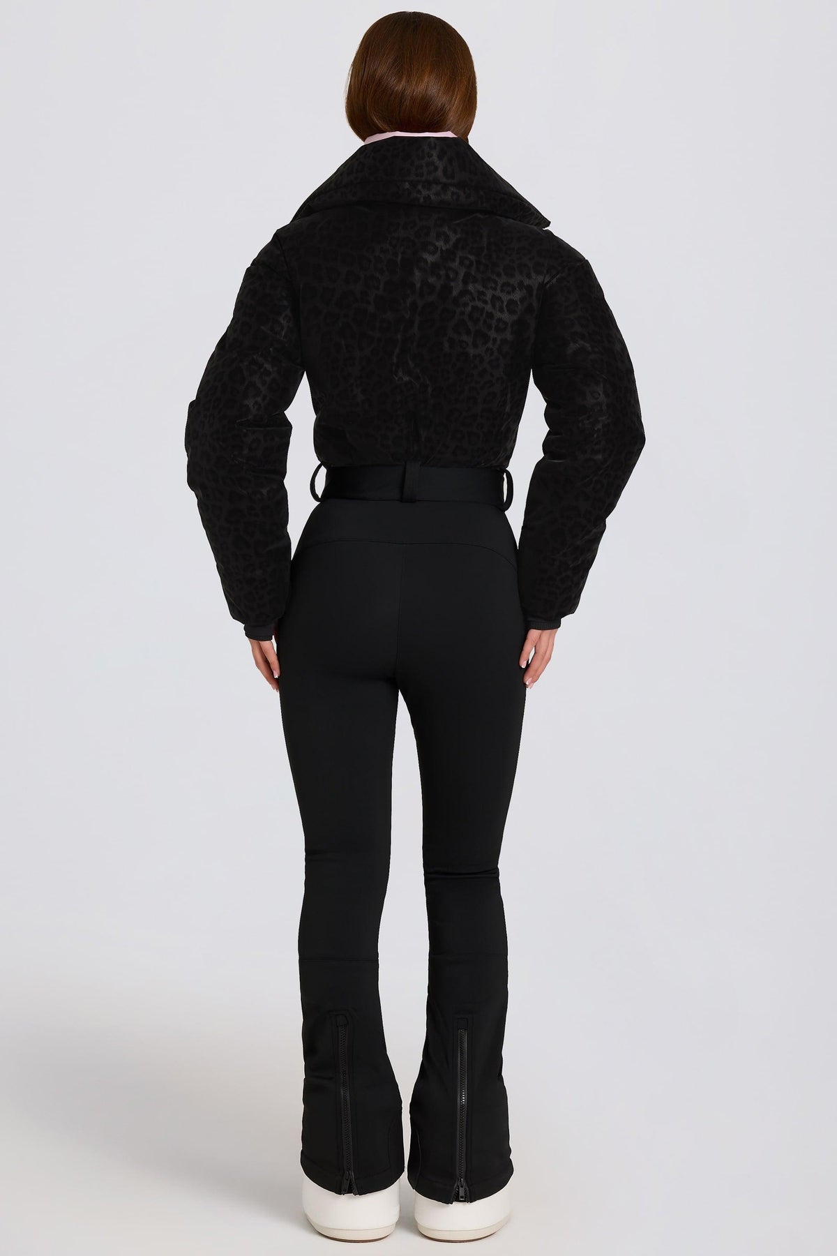 Waterproof Belted Layered Ski Suit In Black Leopard