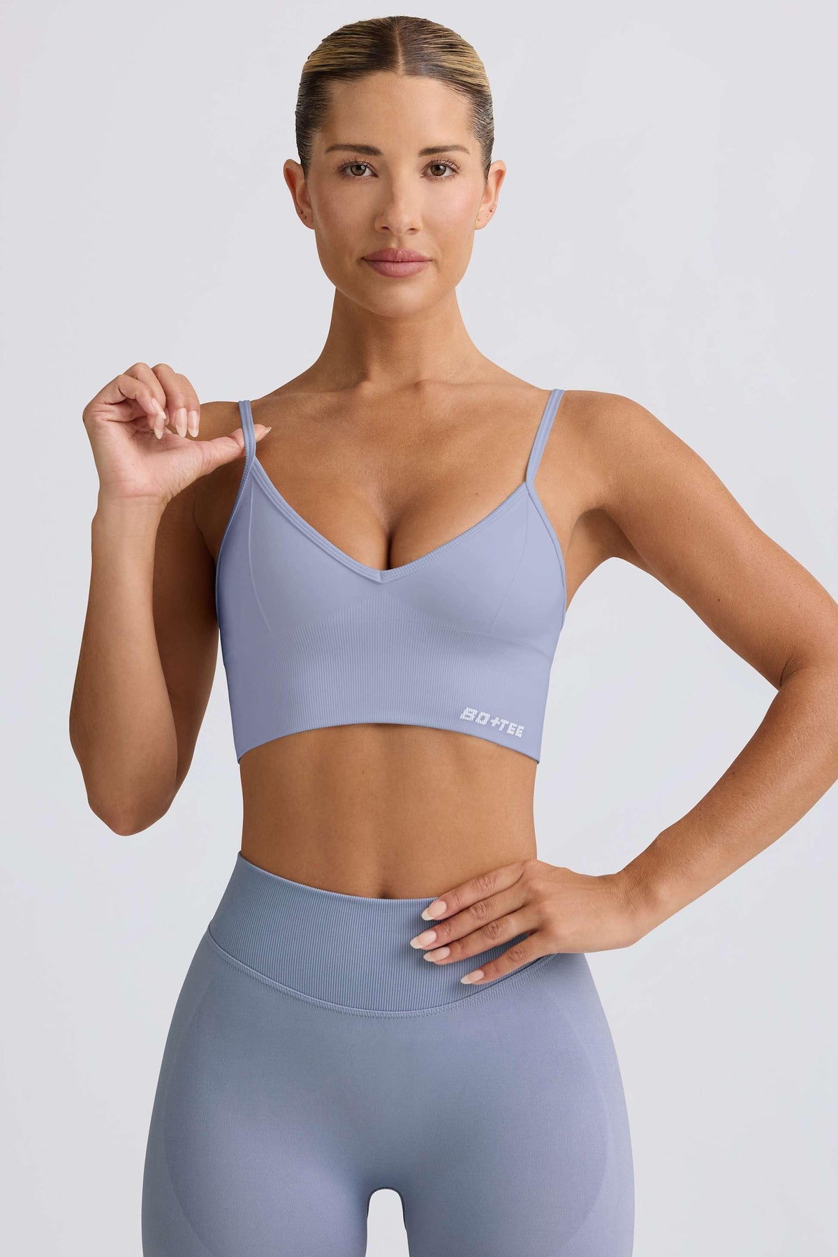 Define Luxe V-neck Sports Bra In Blue Grey