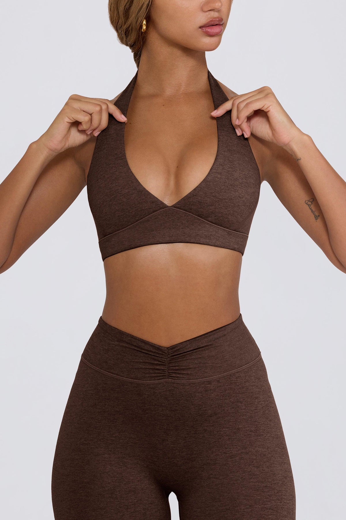 Brushed Jersey V-neck Sports Bra In Pecan Marl