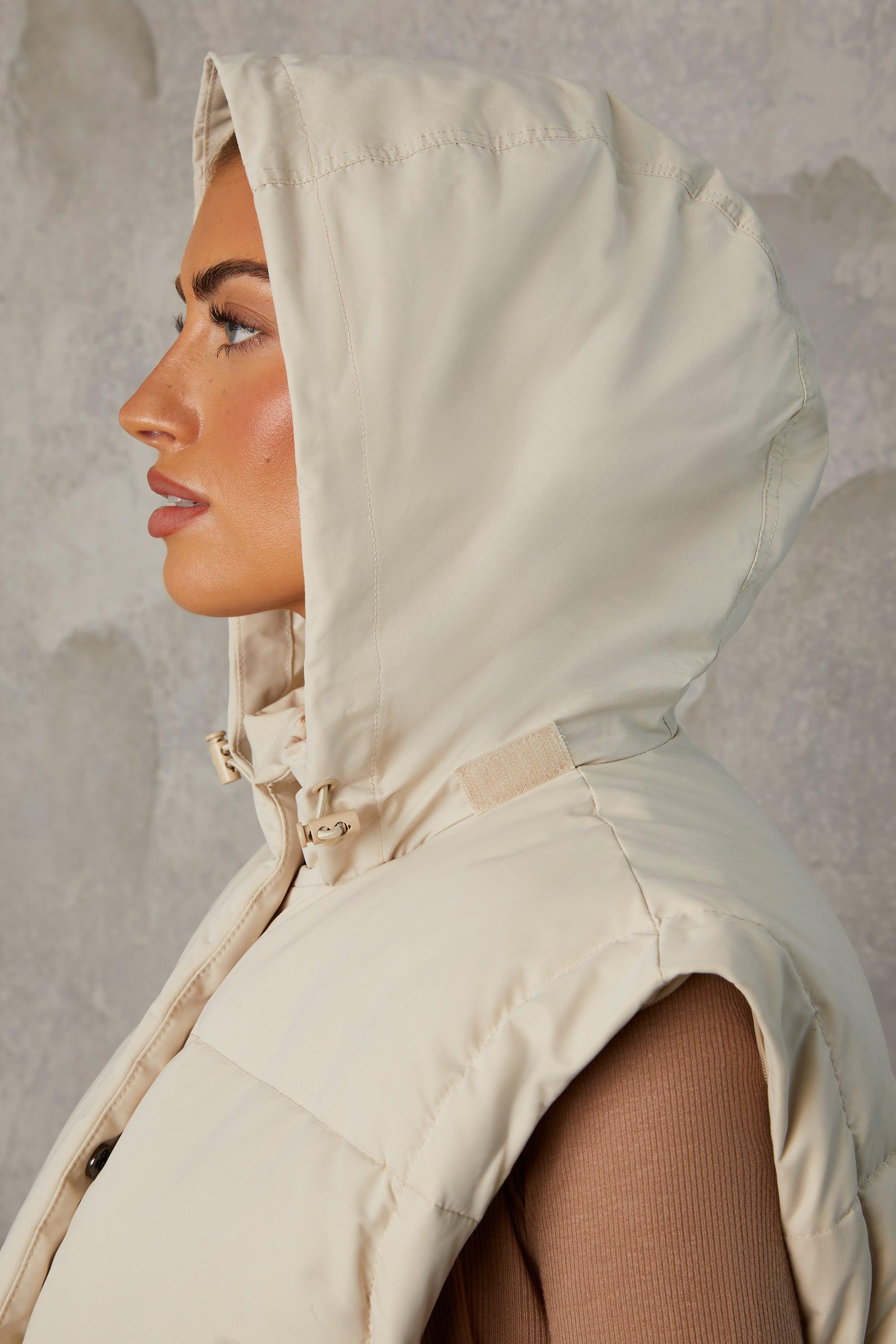 Cropped Puffer Jacket With Detachable Sleeves In Sand