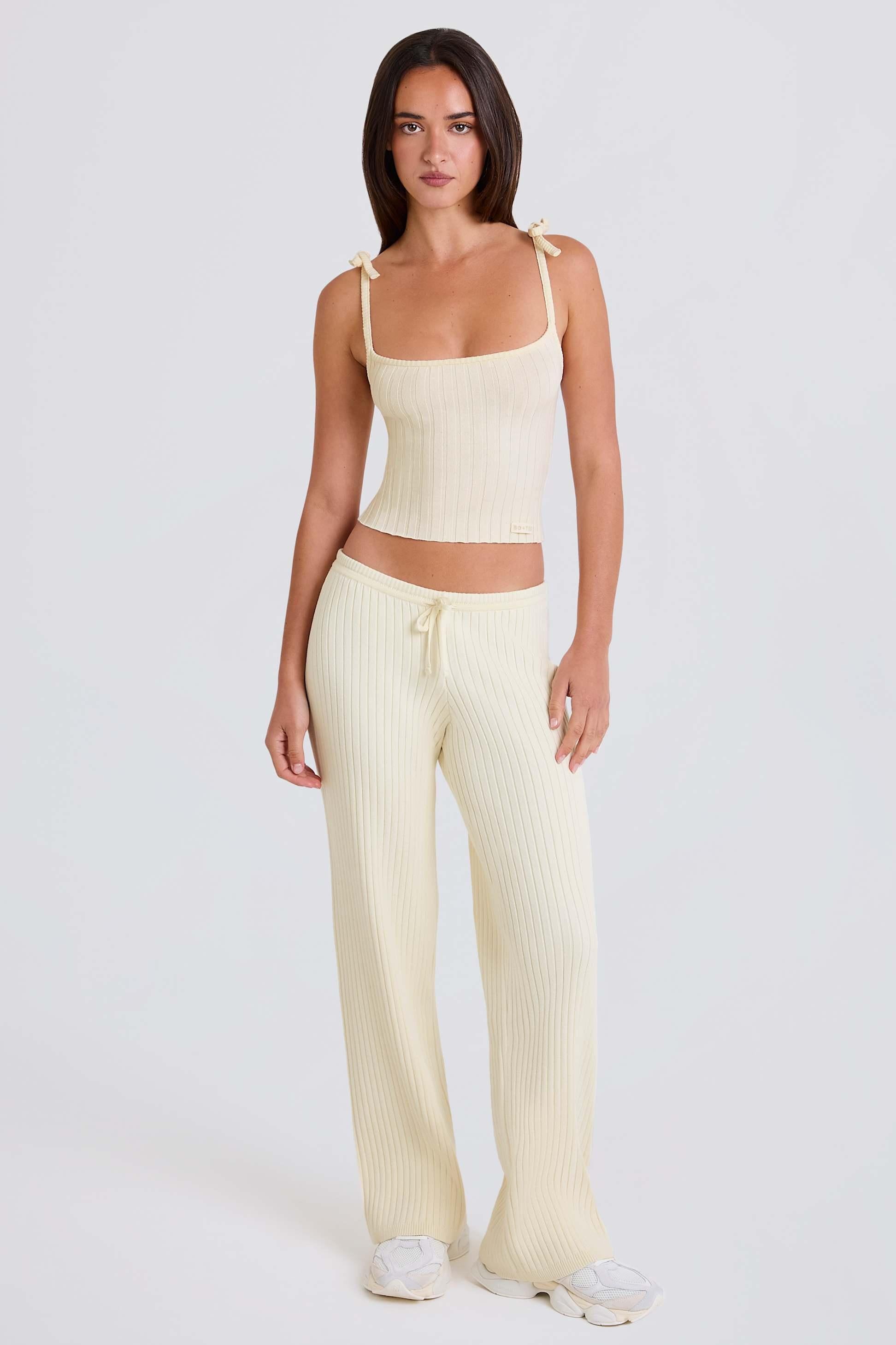 Ribbed Knit Wide-leg Joggers In Cream