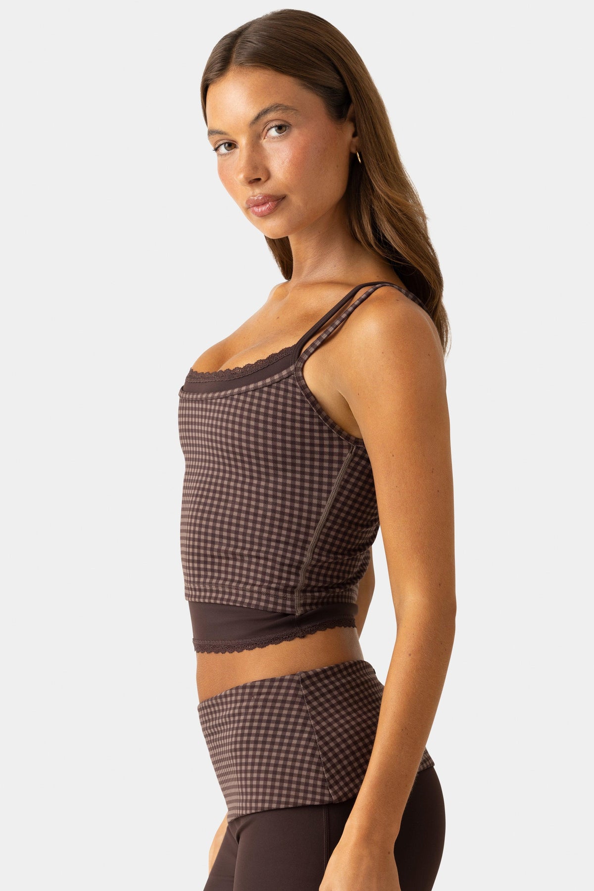 Soft Active Double-layer Tank Top In Espresso Gingham