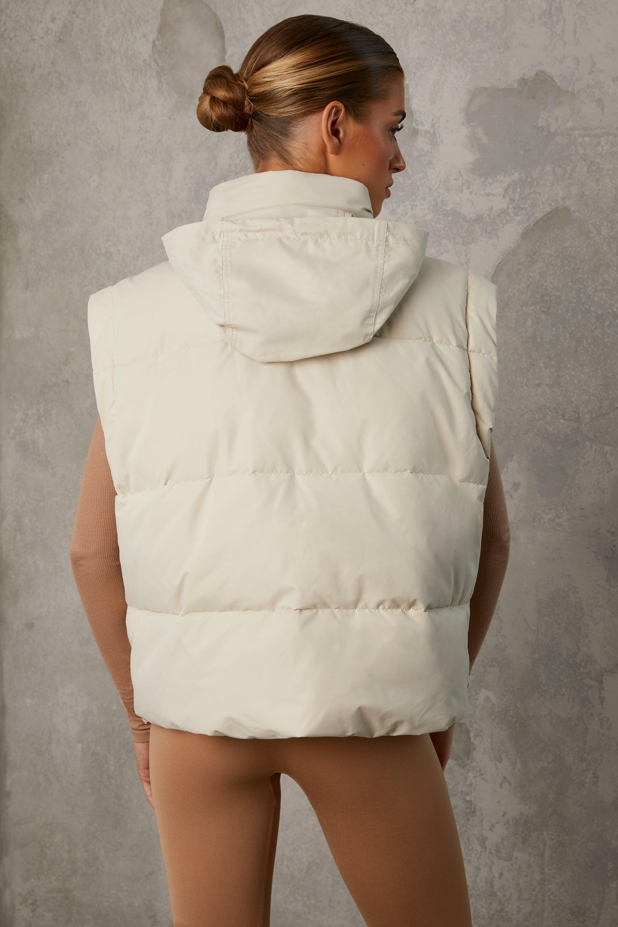 Cropped Puffer Jacket With Detachable Sleeves In Sand