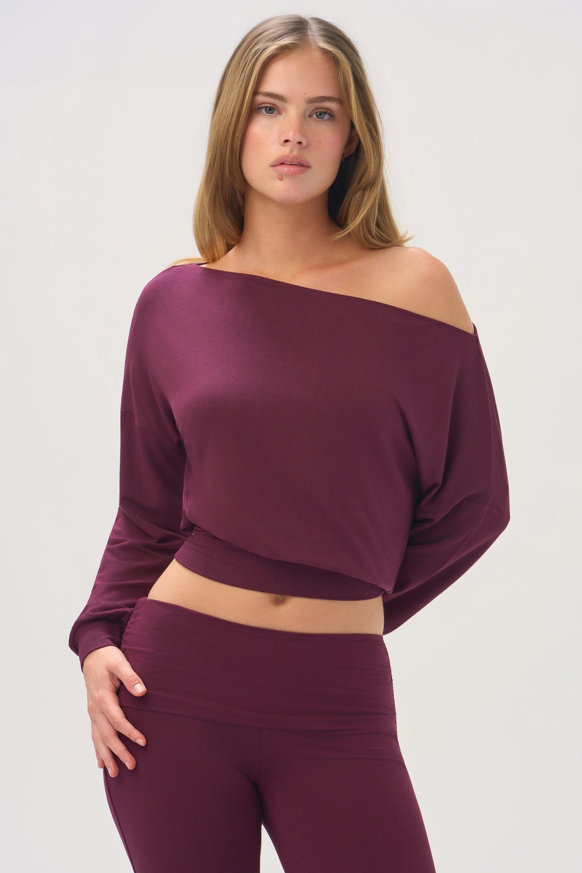 Buttercloud™ Slouchy Off-shoulder Top In Plum