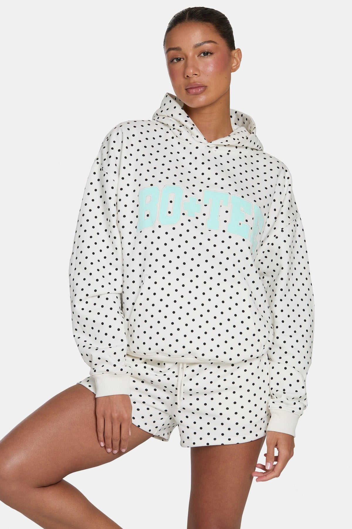 Oversized Applique Hoodie In Monochrome Polka Dot