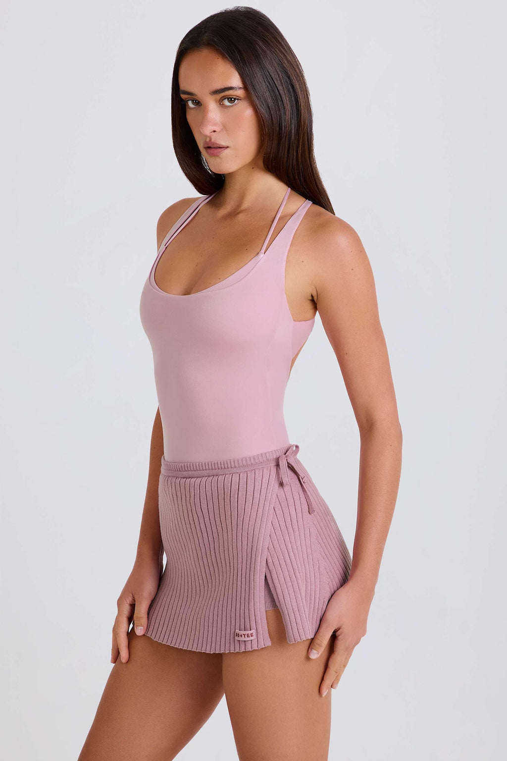 Ribbed Knit Tie Wrapover Skort In Mauve