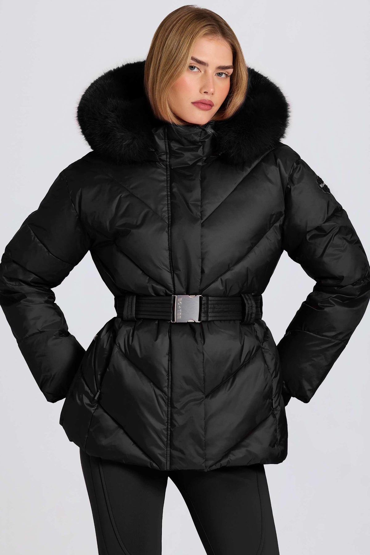 Waterproof Faux-fur Hood Ski Jacket In Black