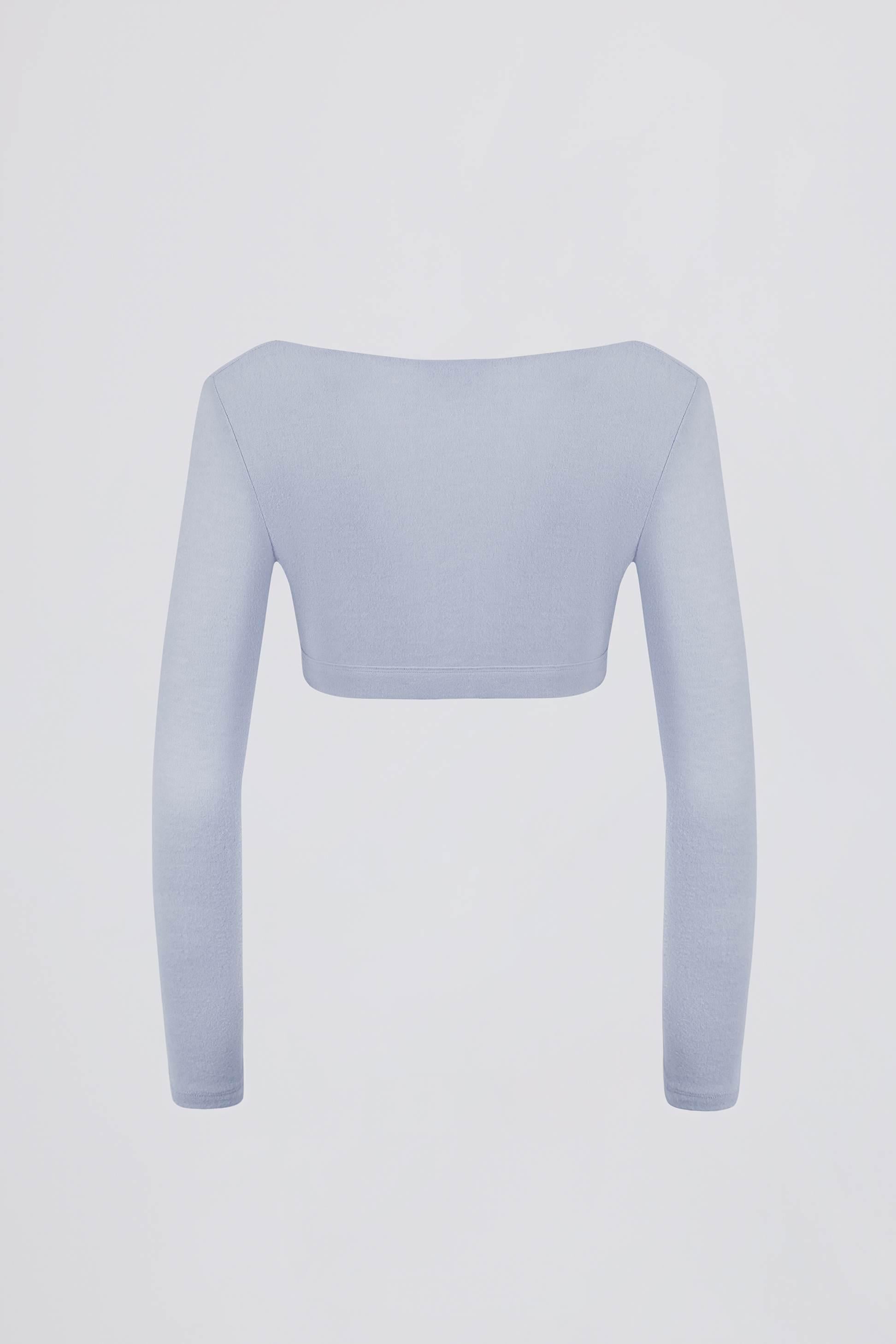 เสื้อครอปคอวีเจอร์ซี่แปรงสีฟ้าอ่อนนุ่ม