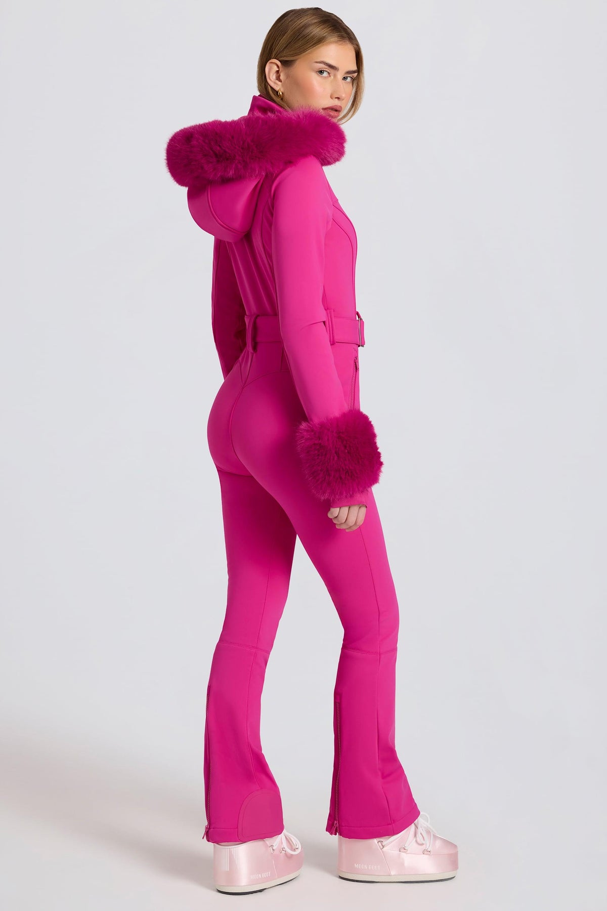 Waterproof Faux-fur Hood Fitted Ski Suit In Magenta Pink