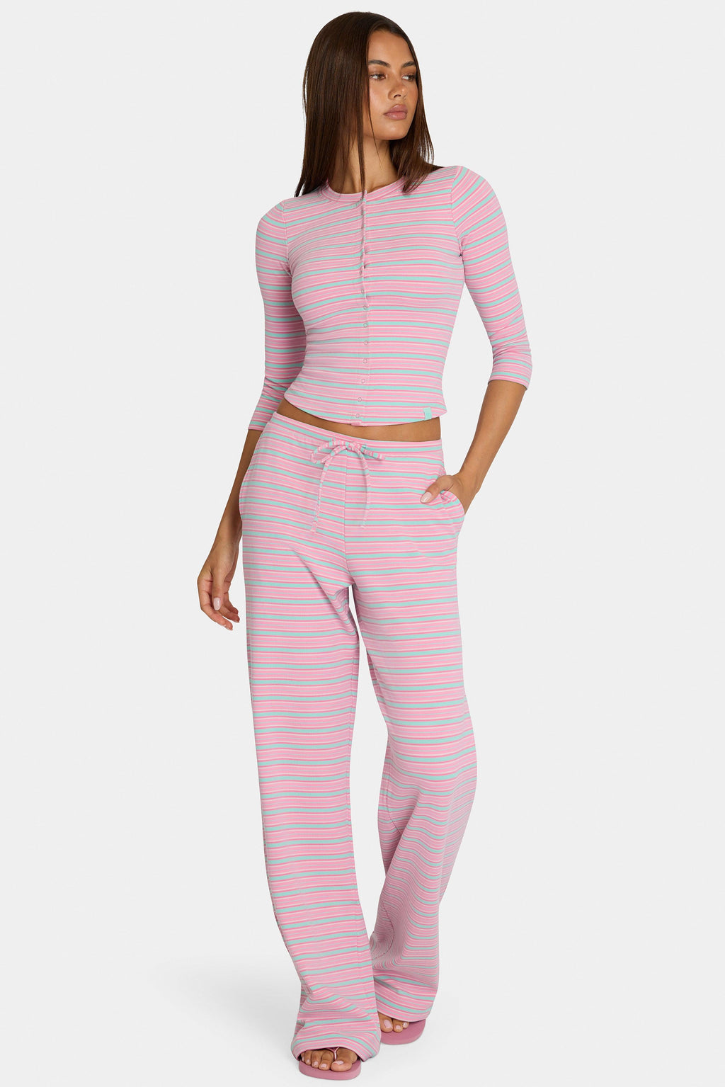 Brushed Jersey Low-rise Trousers In Multi Stripe