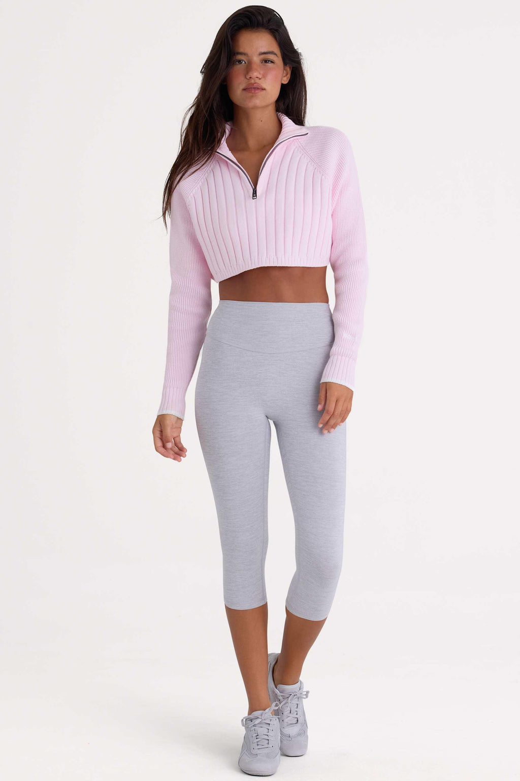 Ribbed-knit Quarter-zip Cropped Jumper In Powder Pink