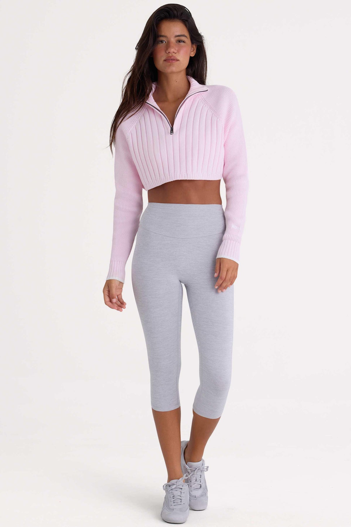 Ribbed-knit Quarter-zip Cropped Jumper In Powder Pink