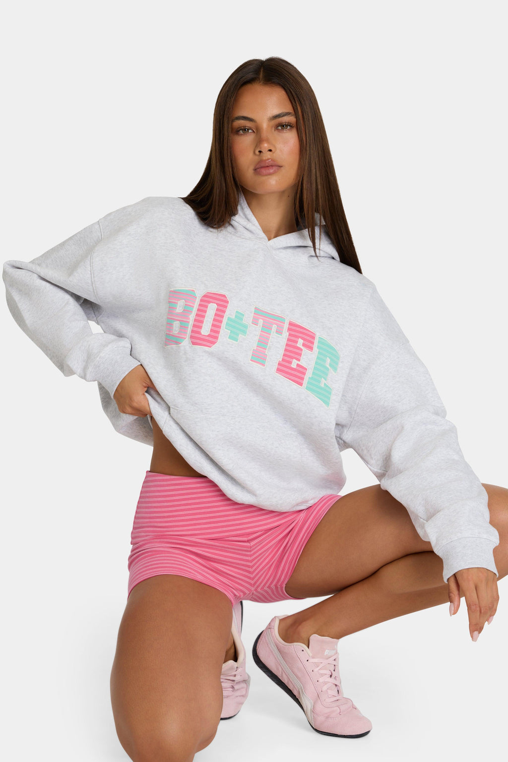 Oversized Applique Hoodie In Grey Marl Stripe