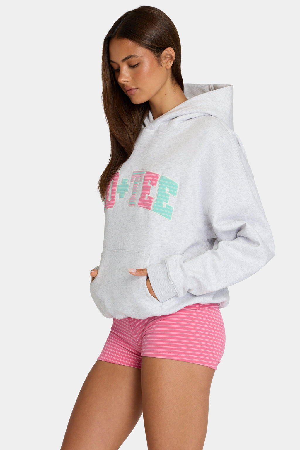 Oversized Applique Hoodie In Grey Marl Stripe