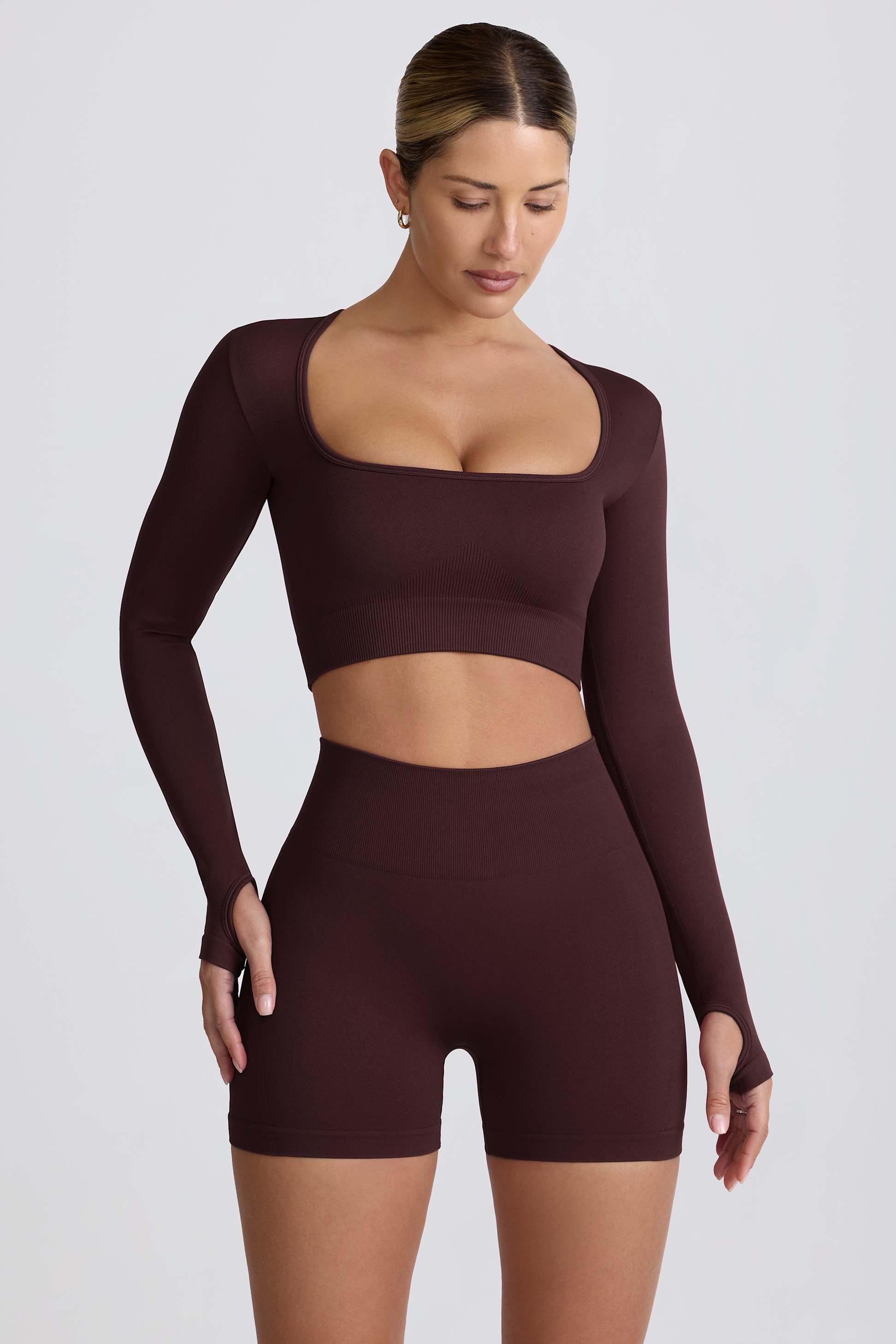 เสื้อครอปท็อปแขนยาวไร้รอยต่อ Super Sculpt สีช็อกโกแลต