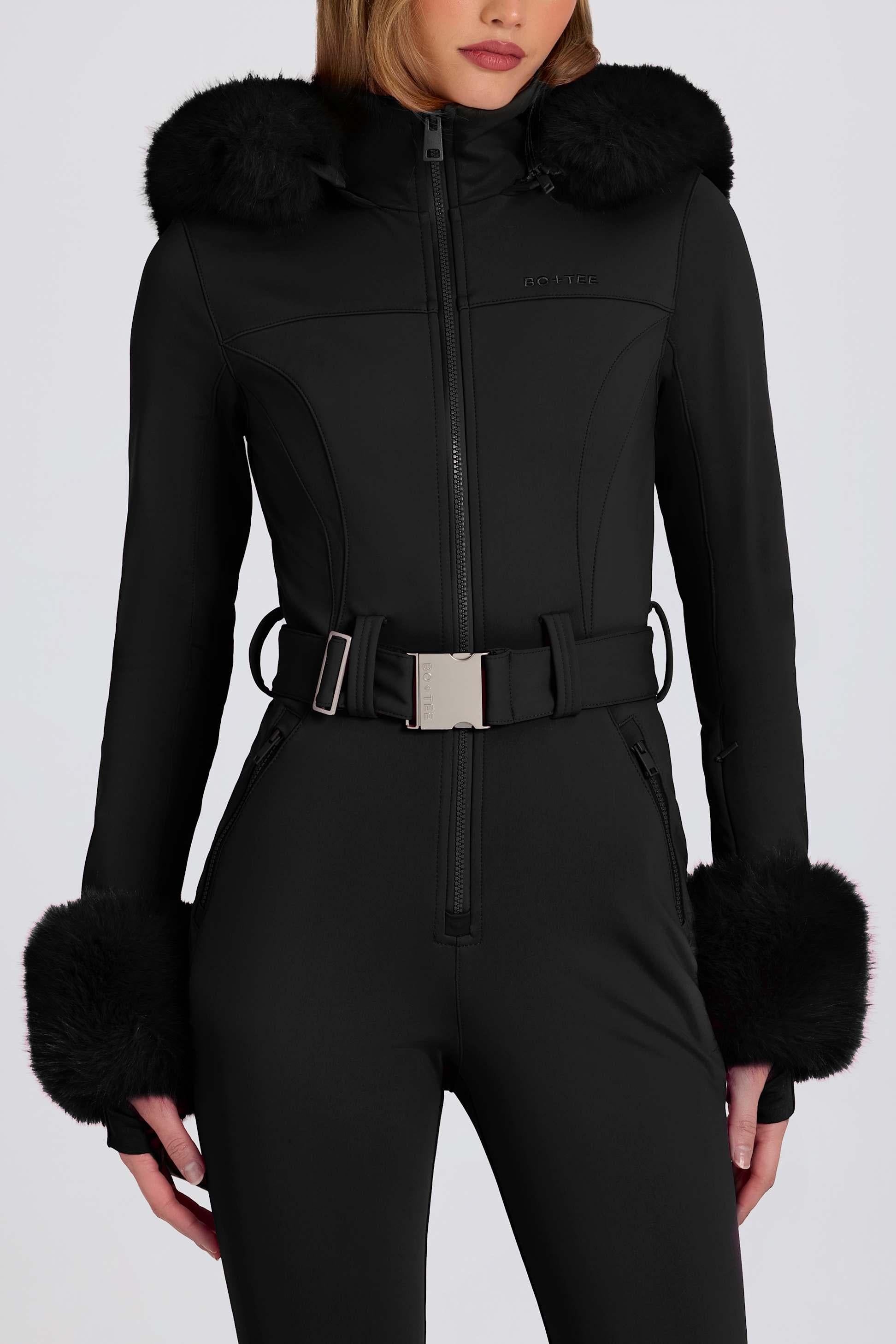 Waterproof Faux-fur Hood Fitted Ski Suit In Black